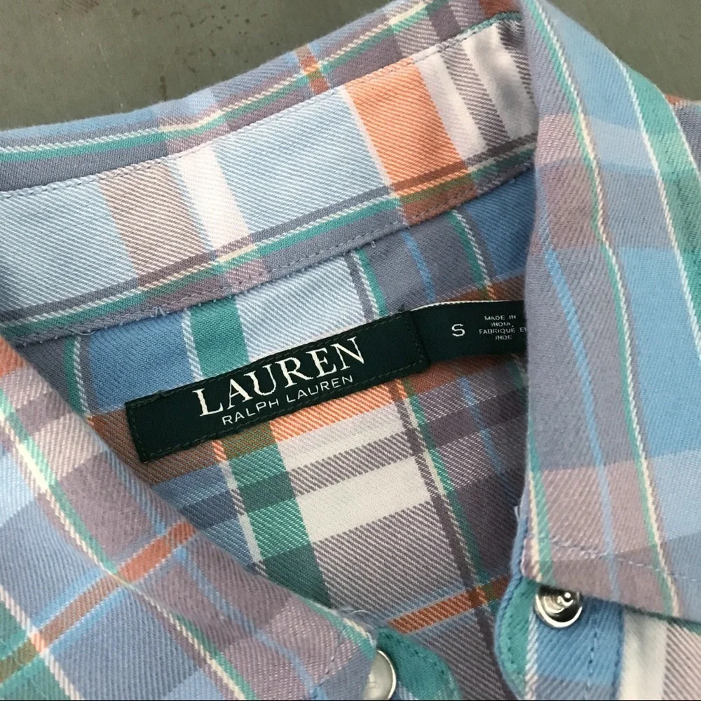 Ralph Lauren Plaid Western Pearl Snap Top Button Down Cotton Blouse Blue Small - Picture 6 of 13